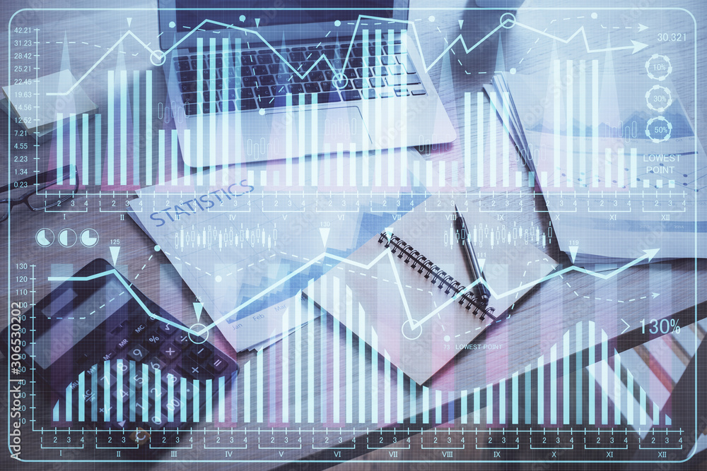 Double exposure of graph and financial info and work space with computer background. Concept of international online trading. Double exposure of graph and financial info and work space with computer background. Concept of international online trading.