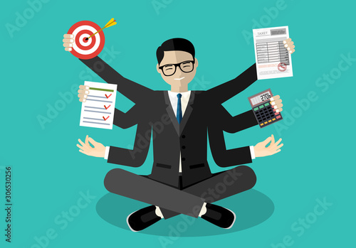Businessman with multitasking lots of arms doing various office tasks. Keep calm. Business concept Flat design