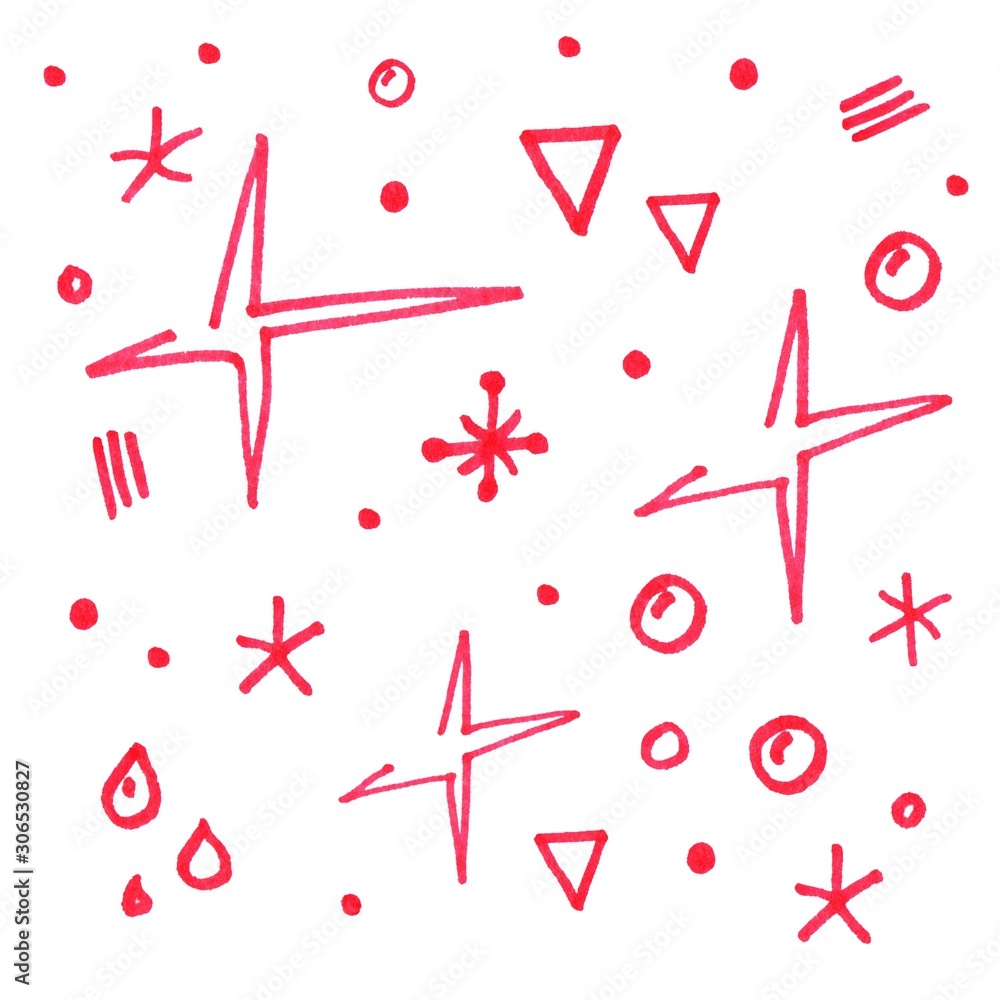 Naklejka Doodle hand drawn collection of design element. Pink or red color. Stylized stars, snowflakes, circles, drops, stripes and dots. Use for concept design