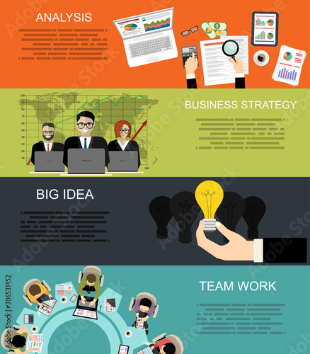 Set of flat design illustration concepts for business analysis, finance, consulting, management, team work, human resources, social network, employment agency, staff training,money, technology.