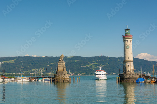 Picturesque lake port with famous bavarian lion entrance.