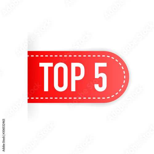 Top 5. Red ribbon. Flat vector illustration on white background.