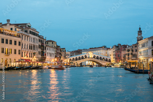 Grand Canal and Rialto Bridge at the dusk time. Venice  Italy.