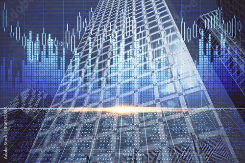 Forex chart on cityscape with tall buildings background multi exposure. Financial research concept.