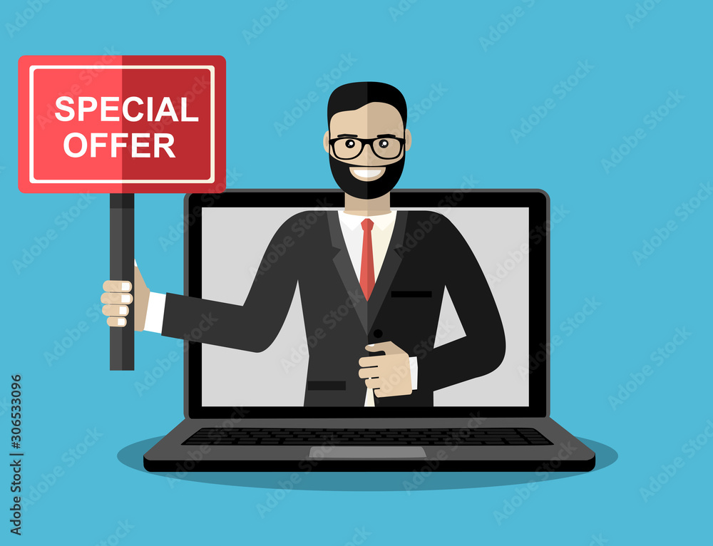 Businessman out of screen monitor. Hand holds sign with Special offer words Businessman out of screen monitor. Hand holds sign with Special offer words