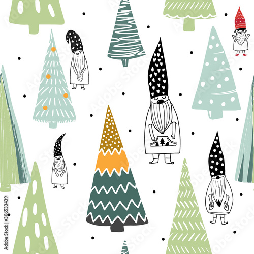 The elegant colorful scandinavian Christmas nordic gnomes and trees seamless pattern for greeting packing