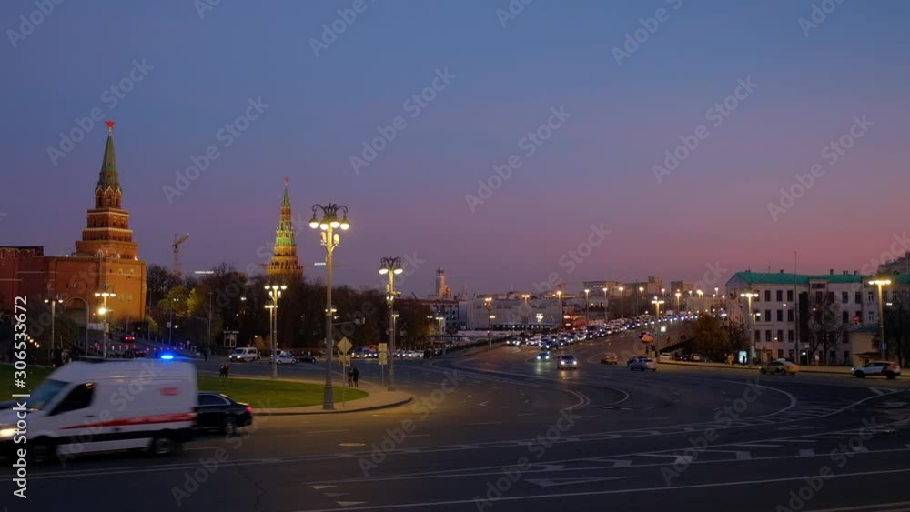 View of Borovitskaya Square, the Big Stone Bridge and the Kremlin in the evening View of Borovitskaya Square, the Big Stone Bridge and the Kremlin in the evening