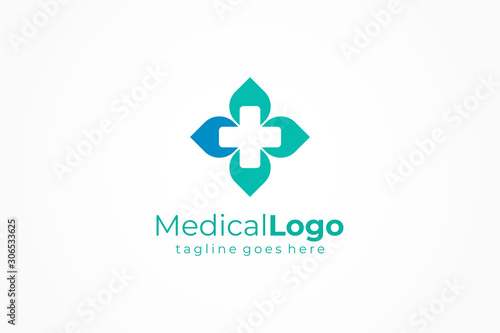 Healthcare Medical Logo. Cross and leaf icon combination. Flat Vector Logo Design Template Element