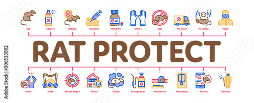 Rat Protect Minimal Infographic Web Banner Vector. Rat Control Service, Human Silhouette And Protective Mask, Gloves And Spray Concept Illustrations