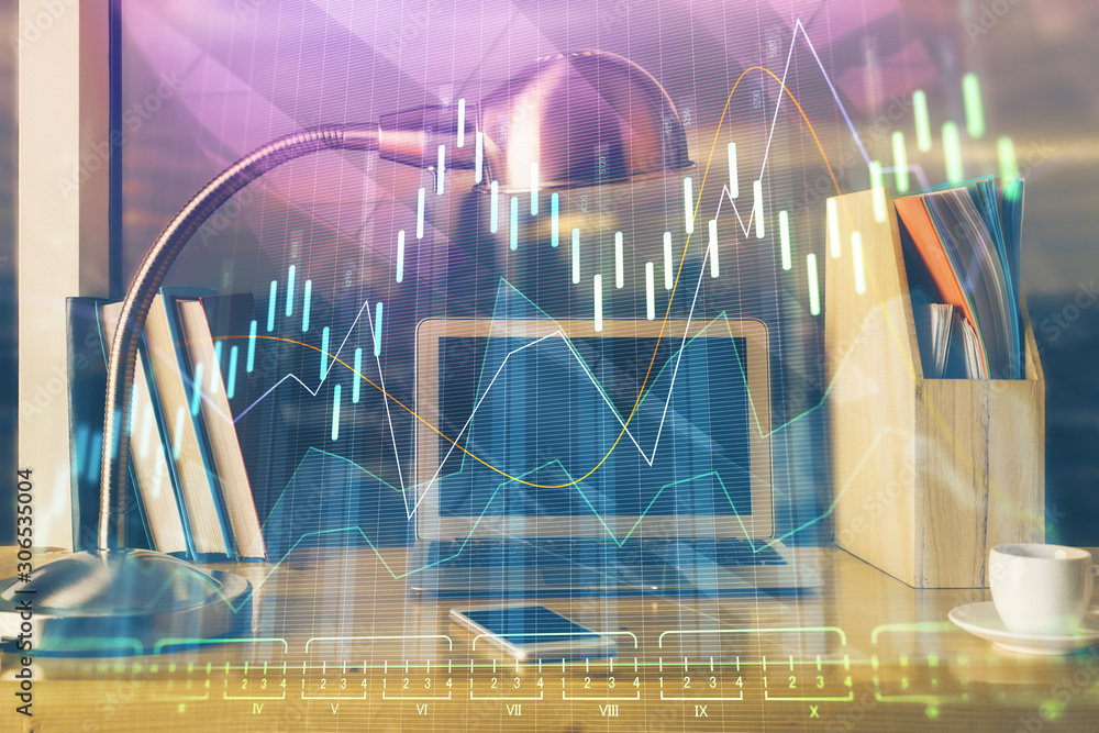 Multi exposure of forex graph and work space with computer. Concept of international online trading. Multi exposure of forex graph and work space with computer. Concept of international online trading.