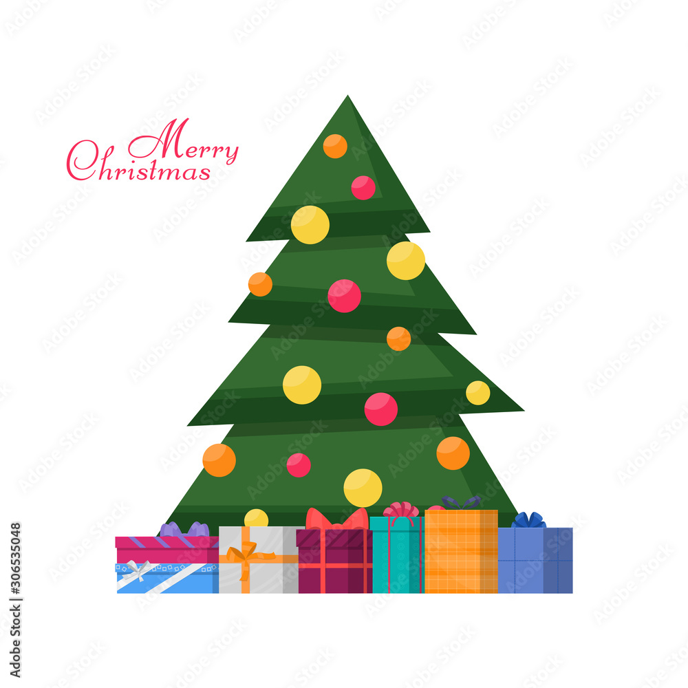 Decorated Christmas tree with gift boxes. Merry Christmas and happy new year. Vector illustration. Decorated Christmas tree with gift boxes. Merry Christmas and happy new year. Vector illustration.