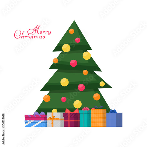 Decorated Christmas tree with gift boxes. Merry Christmas and happy new year. Vector illustration.
