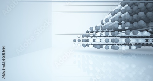 Abstract architectural concrete  interior  from an array of spheres with large windows. 3D illustration and rendering.