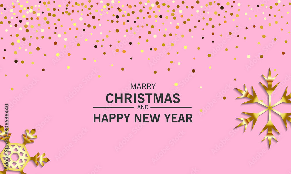 Holiday banner Merry Christmas and Happy New Year. Christmas design, snowflake, shiny golden confetti on a pink background. Festive horizontal poster