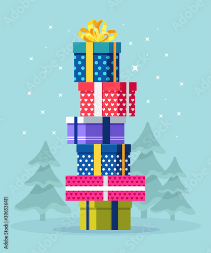 Pile, stack of colorfull wrapped gift boxes, presents with ribbon, bow. Surprise for holiday. Merry christmas, new year, happy birthday concept. Xmas sale. Vector flat design for greeting card 