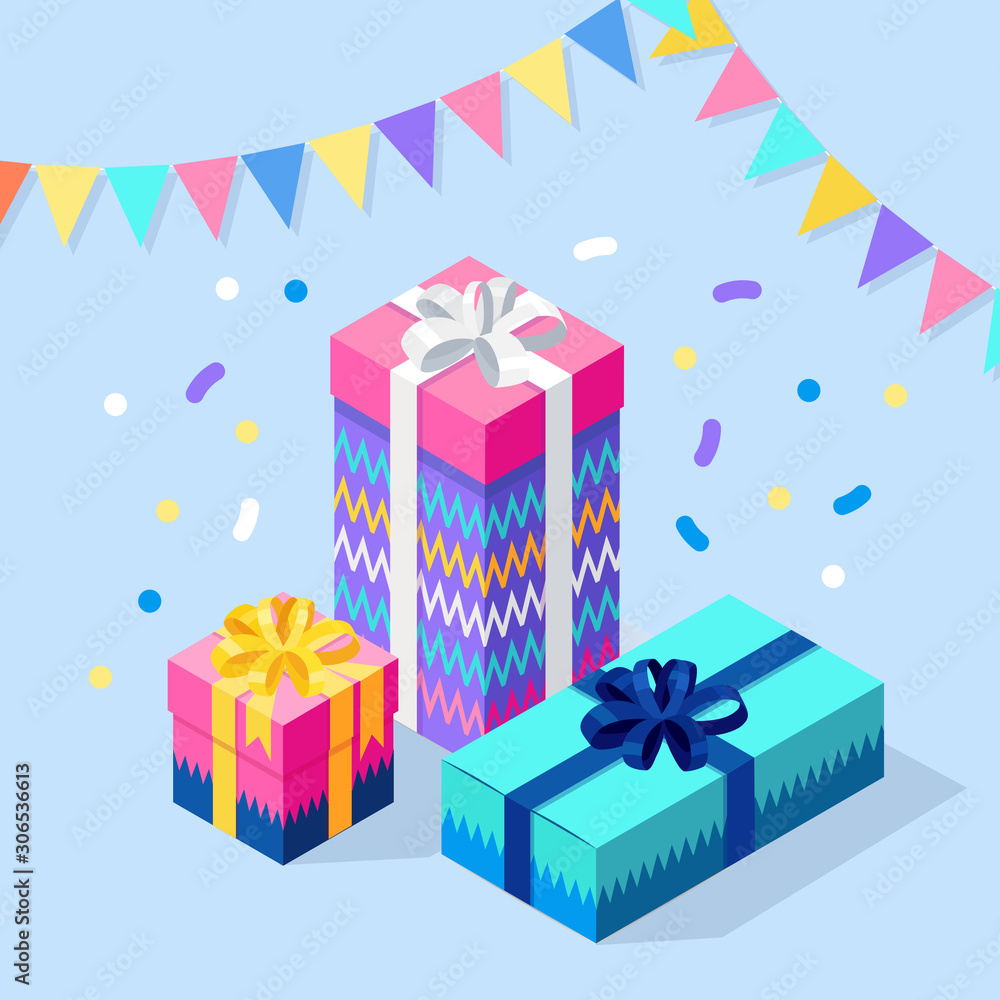 Christmas sale. 3d isometric gift box, present with ribbon, bow, festive flags isolated on white background. Xmas shopping concept. Surprise for anniversary, birthday, wedding. Vector cartoon design Christmas sale. 3d isometric gift box, present with ribbon, bow, festive flags isolated on white background. Xmas shopping concept. Surprise for anniversary, birthday, wedding. Vector cartoon design
