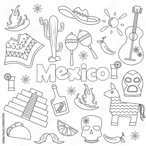 Illustration with a set of icons  on the theme of travel in Mexico,simple dark hand drawn icons on white background
