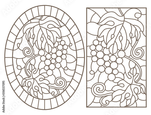 Set contour illustrations of stained glass with grapes and grape leaves , black contour on white background