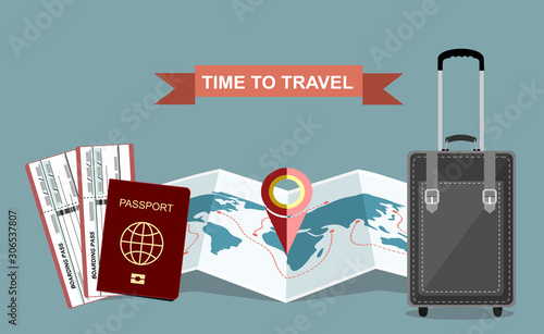 Journey concept. Baggage for holiday tour design, adventure object map and pin isolated. Vector illustration