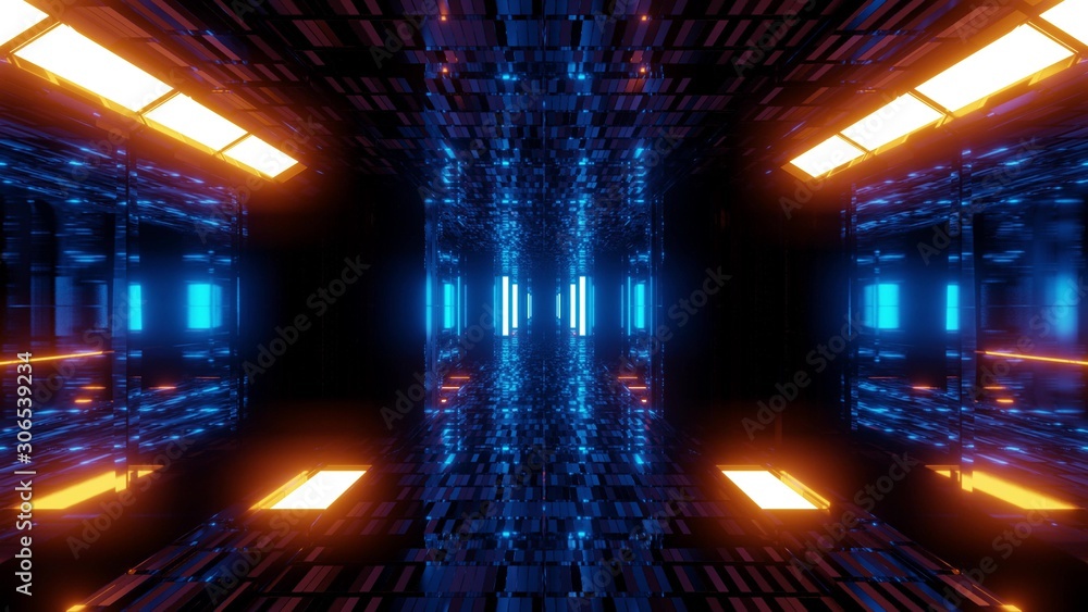 stylish scifi tunnel corridor with reflective bricks texture and glowing lights 3d illustration background wallpaper