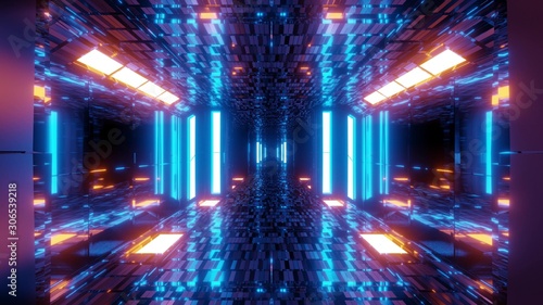 stylish scifi tunnel corridor with reflective bricks texture and glowing lights 3d illustration background wallpaper © Michael