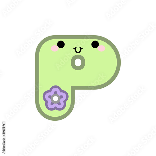 Cute cartoon letter P smiling face with eyes and mouth on white background. Cute ABC design for book cover, poster, card, print on baby's clothes, pillow etc. Vector illustration