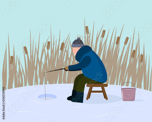 winter fishing fisherman in reeds