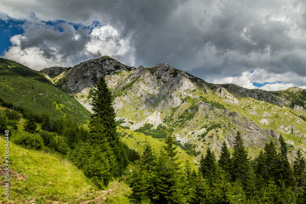 Naklejka premium Beautiful mountain scenery in the Transylvanian Alps in summer, with storm clouds