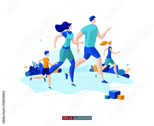 Trendy flat illustration. Sport Time concept. Running man  woman and children. Happy Family. Template for your design works. Vector graphics.
