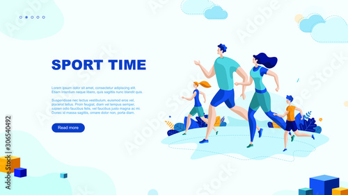 Trendy flat illustration. Sport Time page concept. Running man  woman and children. Happy Family. Template for your design works. Vector graphics.