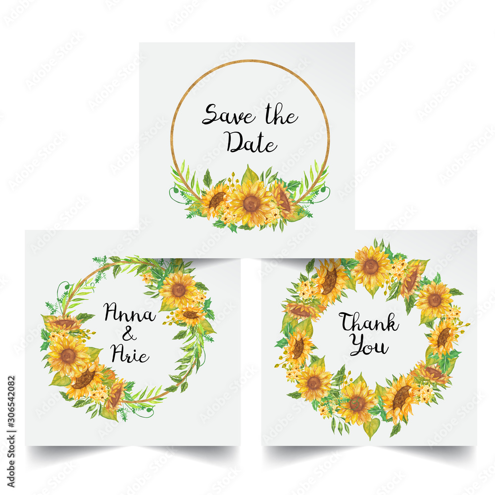 set of floral wreath watercolor sunflower yellow