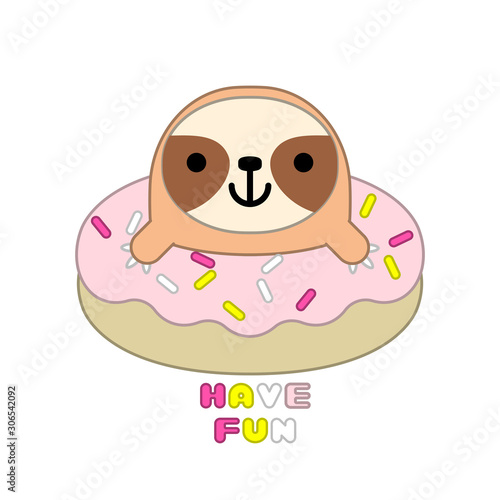 Cute cartoon sloth with donut isolated on white background. Vector illustration