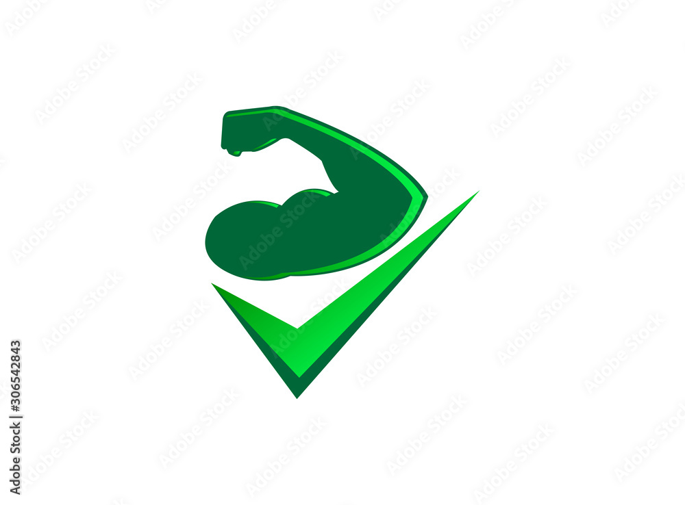 Arm muscles with a checkmark for logo design illustration on white background Arm muscles with a checkmark for logo design illustration on white background