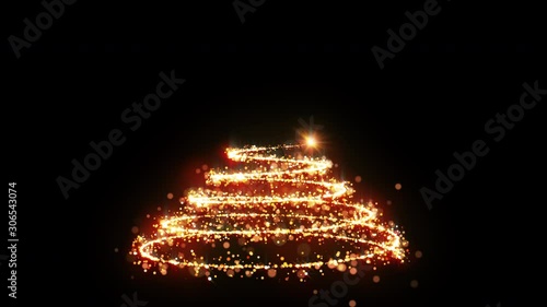 Golden glitter Christmas tree with sparkling light. Shining gold particles and sparkles spiral intro template on black background. Luxury magic festive effect with bokeh and glow. Dust trail 3D render