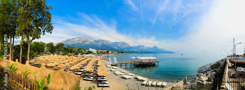 Kemer, Antalya/ Turkey - summer 2019: Beach of Turkiz hotel ( now Imperial Turkiz) first plain, and others on back ( Panoramic )