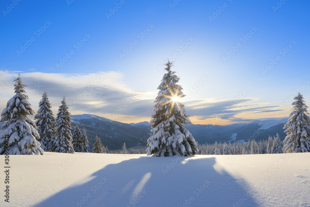 Amazing winter sunrise. Sun rays lighten up the sky and horizon. Landscape of high mountains. Winter scenery. Wallpaper background. Location place Carpathian, Ukraine, Europe.