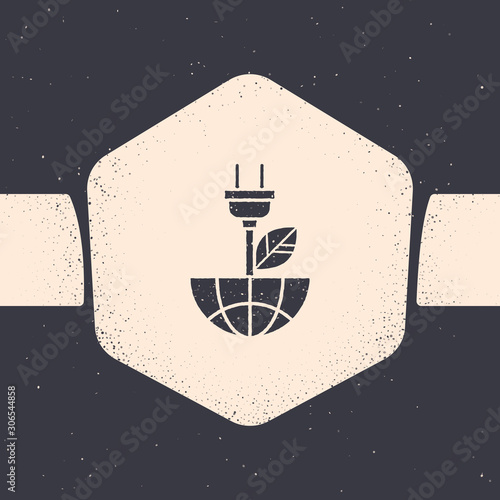 Grunge Electric saving plug in leaf icon isolated on grey background. Save energy electricity icon. Environmental protection icon. Bio energy. Monochrome vintage drawing. Vector Illustration