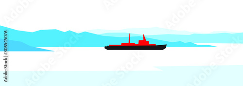 Simple northern landscape - blue hills silhouettes and cold sea with ship (icebreaker). Vector background.