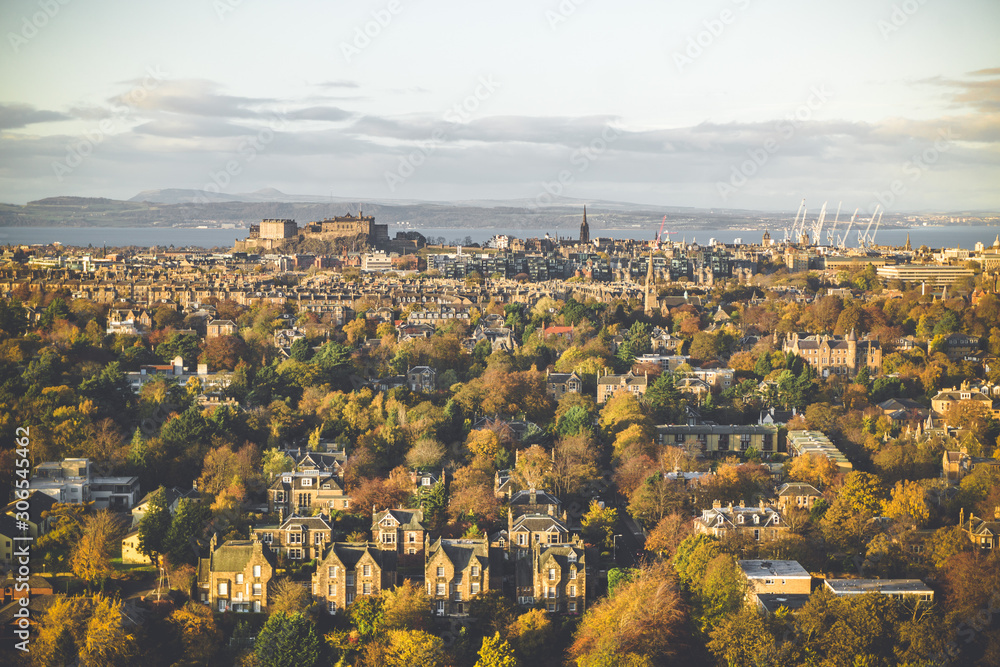 Cityscape view of Edinburgh and Arthur's Seat from Blackford Hill, Scotland.