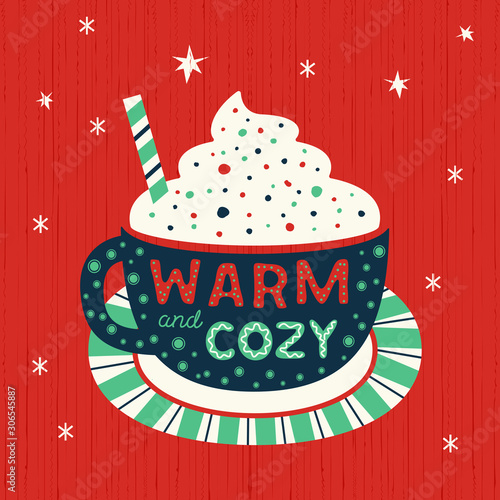 Hot cocoa mug whipped cream flat vector icon