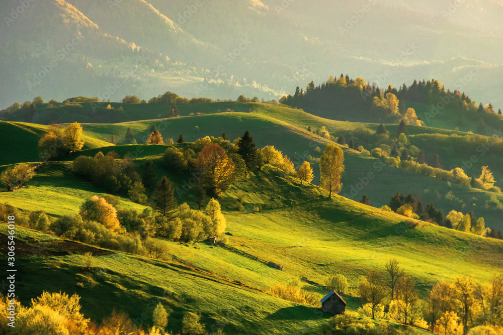 Fototapeta mountainous countryside at sunset. landscape with grassy rural fields and trees on hills rolling in to the distance in evening light. distant ridge and valley in haze. fantastic scenery in springtime