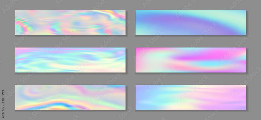 Fototapeta premium Holography cool flyer horizontal fluid gradient mermaid backgrounds vector set. Iridescent 