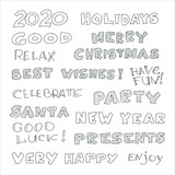 Set of hand written words about New Year an Christmas - 'party', 'holiday', 'Santa' and so on. Design elements. Black text isolated on white background.