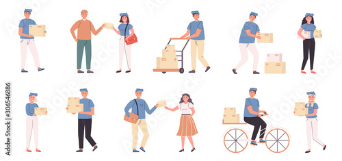 Deliverymen and addressees flat vector illustrations set. Parcel delivery, shipping service. People with mailings, couriers and consignees cartoon characters bundle isolated on white background