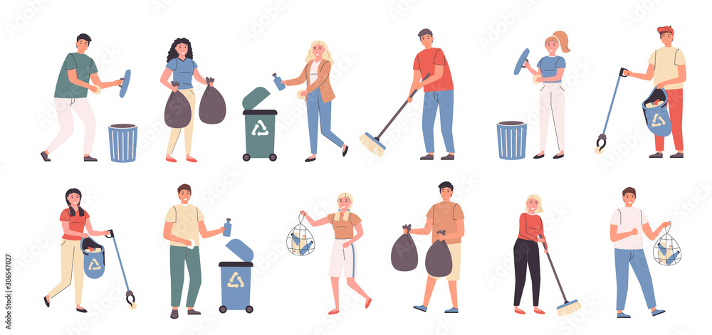 Volunteers collect trash and make city clean flat Vector Image