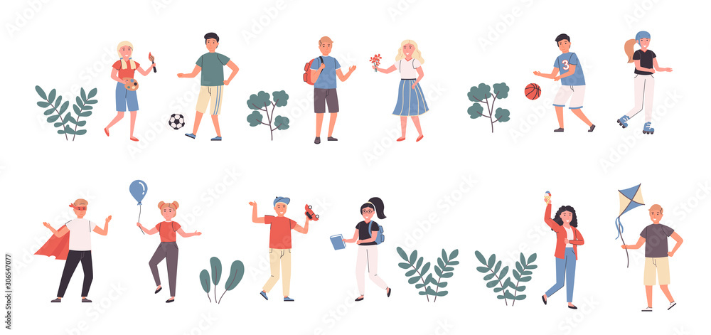 Children hobbies and interests flat vector illustrations set. Childhood, child games and leisure. Male and female kids, people outdoors cartoon characters bundle isolated on white background Children hobbies and interests flat vector illustrations set. Childhood, child games and leisure. Male and female kids, people outdoors cartoon characters bundle isolated on white background