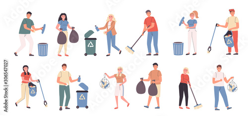 Volunteer work, city cleaning, trash collection flat vector illustrations set. Social project, territory cleaning. Volunteers, tidying up people cartoon characters bundle isolated on white background