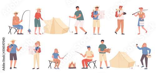 Camping trip, leisure at nature, eco friendly rest flat vector illustrations set. Fishing, campfire, mushroom picking. Campers, resting people cartoon characters bundle isolated on white background