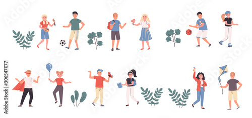 Children hobbies and interests flat vector illustrations set. Childhood, child games and leisure. Male and female kids, people outdoors cartoon characters bundle isolated on white background