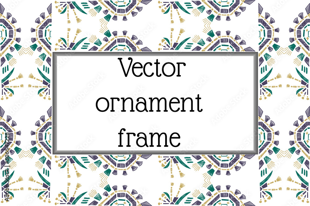Frame with hand-drawn ikat motif ornament.Vector card decor.